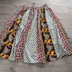 Vintage Women 3XL African Print Maxi Skirt Tribal Artsy Multicolor Elastic Waist